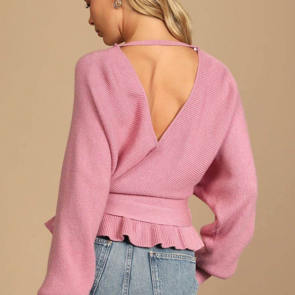 Lulus Rose Pink Knit Faux-Wrap Long Sleeve Sweater Size Medium - Picture 3 of 6